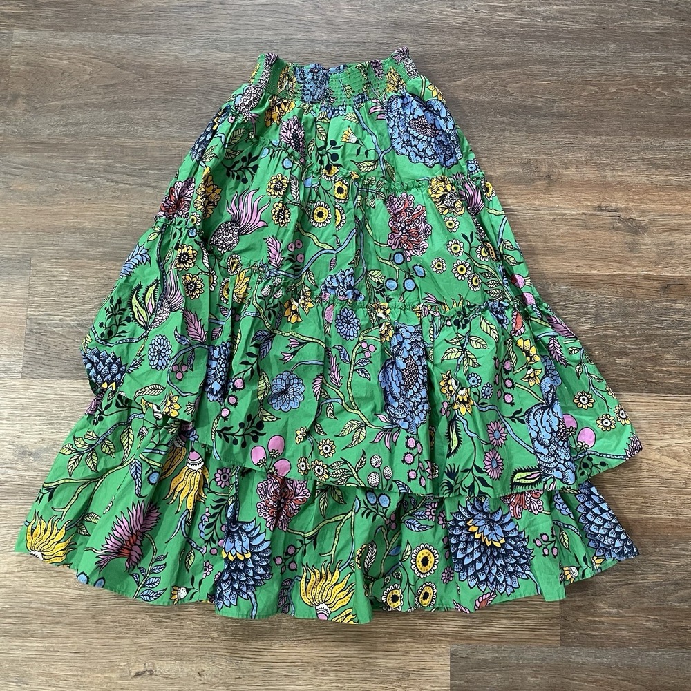 Maeve Anthropologie Tiered Maxi Skirt Smocked Vibrant Green Floral Garden XXS - Picture 2 of 6